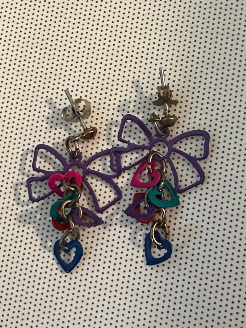 Kids Purple Bow Dangle Post Earrings with Colorful Heart Charms